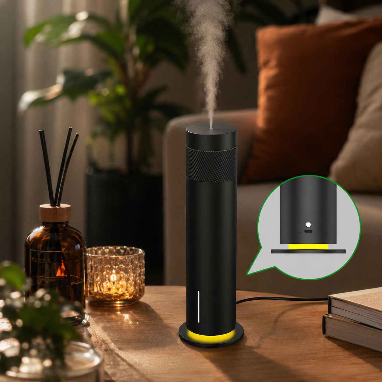 G'Five tower scent diffuser in a cozy living space