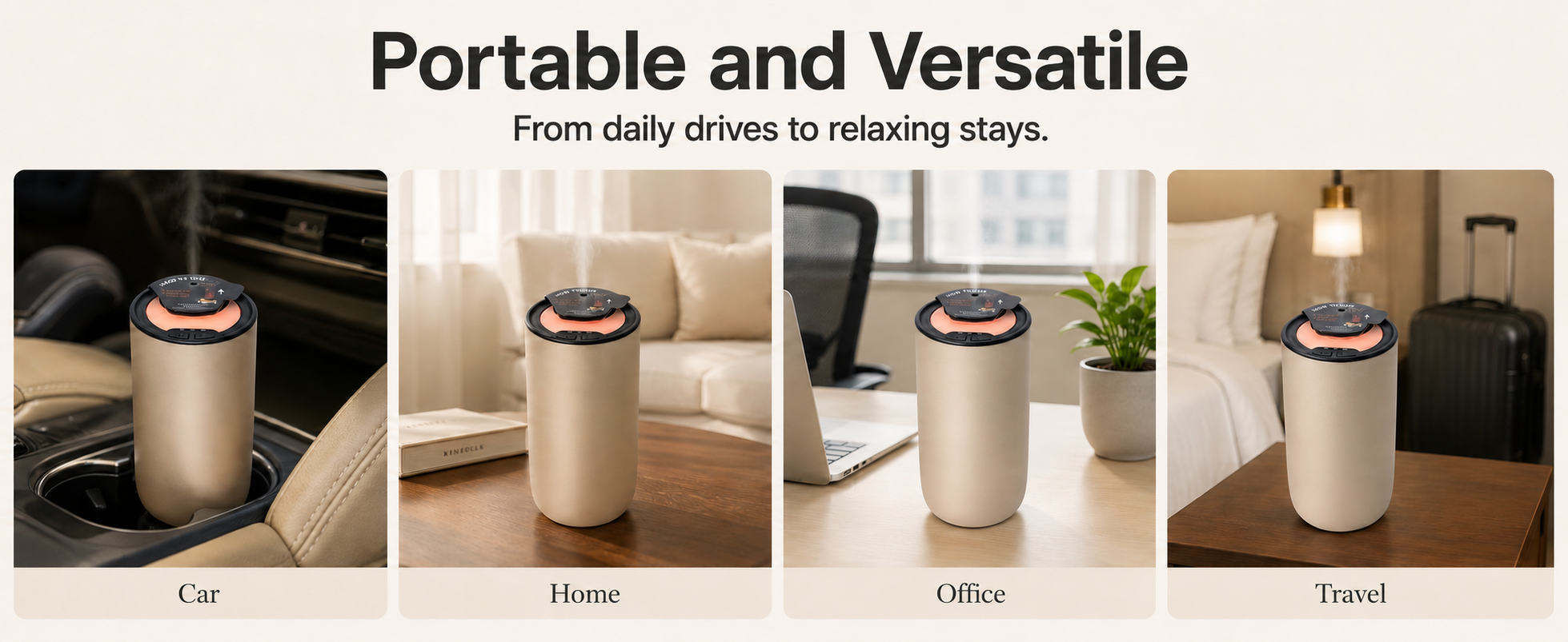 Waterless aroma diffuser used in car, home, office and travel settings