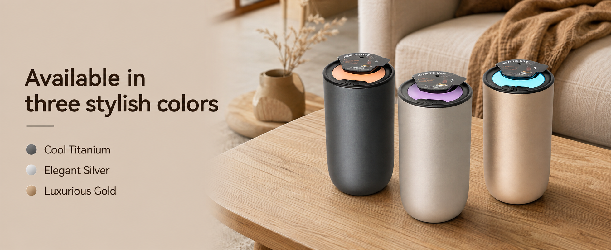 Waterless aroma diffuser available in Cool Titanium, Elegant Silver and Luxurious Gold