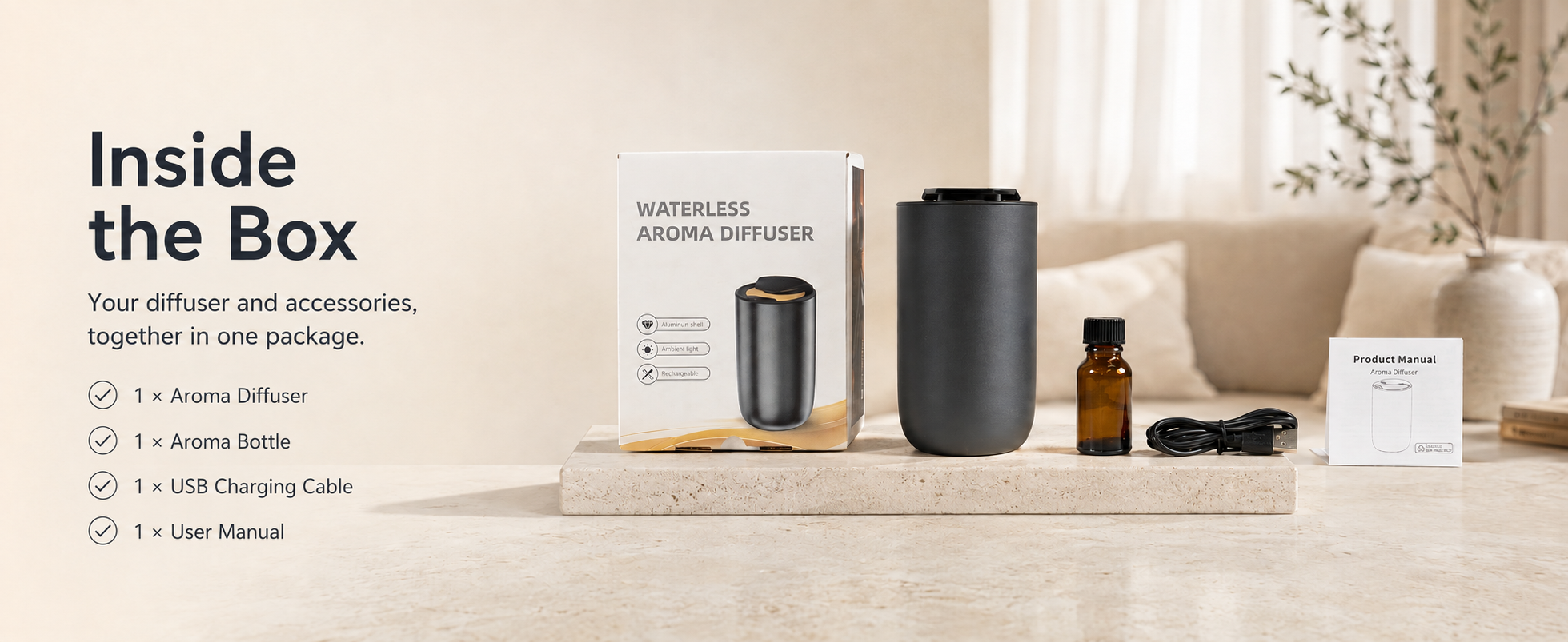 Complete waterless aroma diffuser package with diffuser, bottle, USB cable and manual