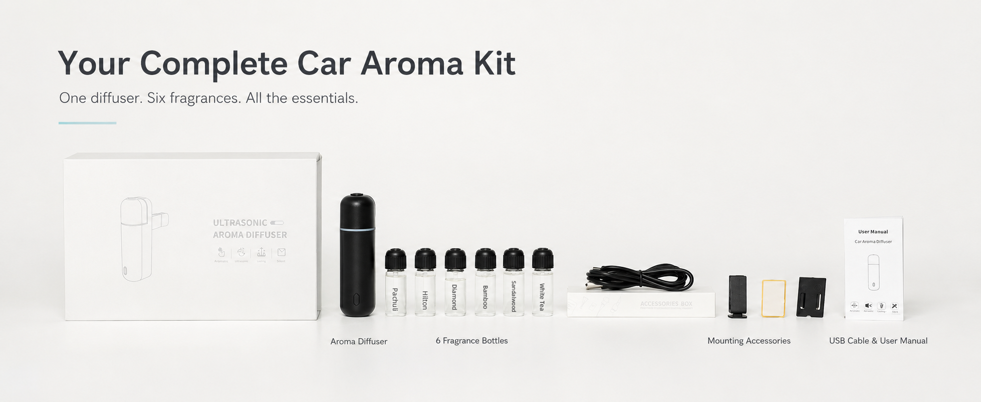 Complete A807-V2.0 car aroma kit with diffuser, six fragrance bottles, mounting accessories, USB cable and user manual