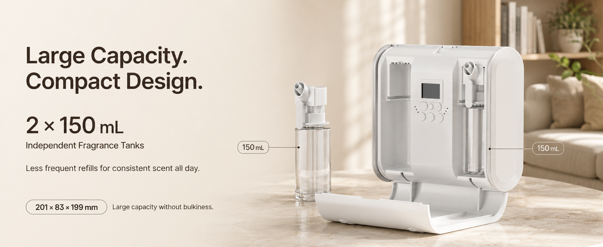 Two independent 150 milliliter fragrance tanks in a compact dual-nozzle diffuser