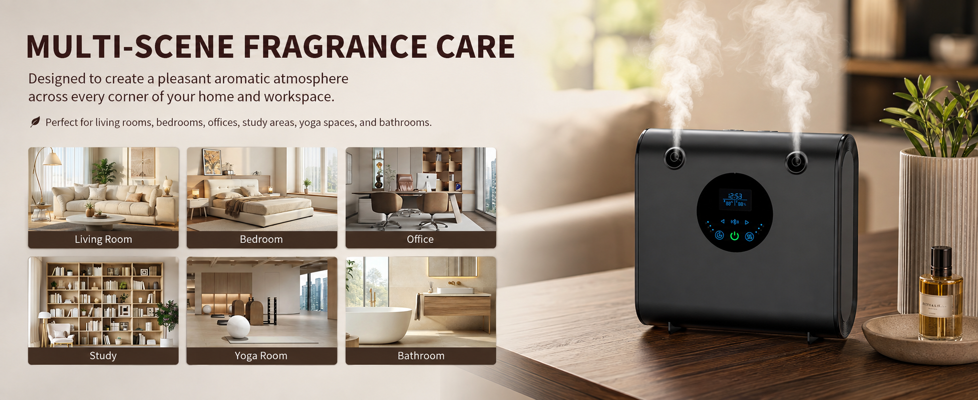 Dual-nozzle diffuser used across living room, bedroom, office, study, yoga and bathroom spaces