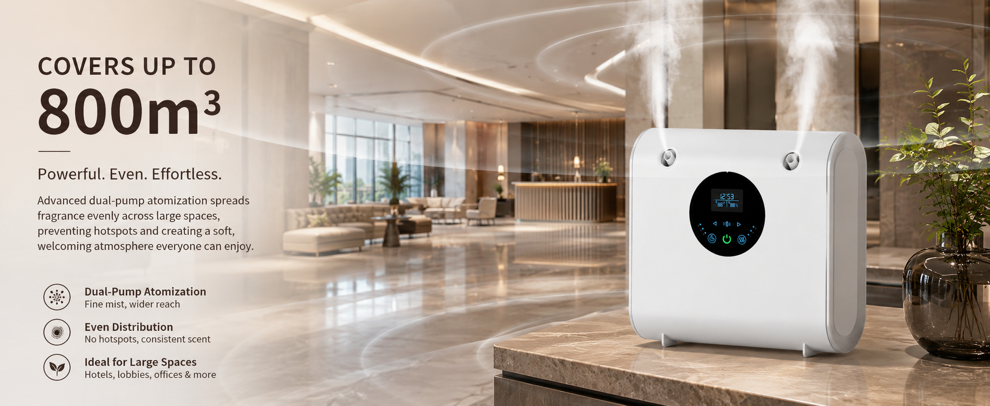 Dual-pump fragrance diffuser covering spaces up to 800 cubic meters