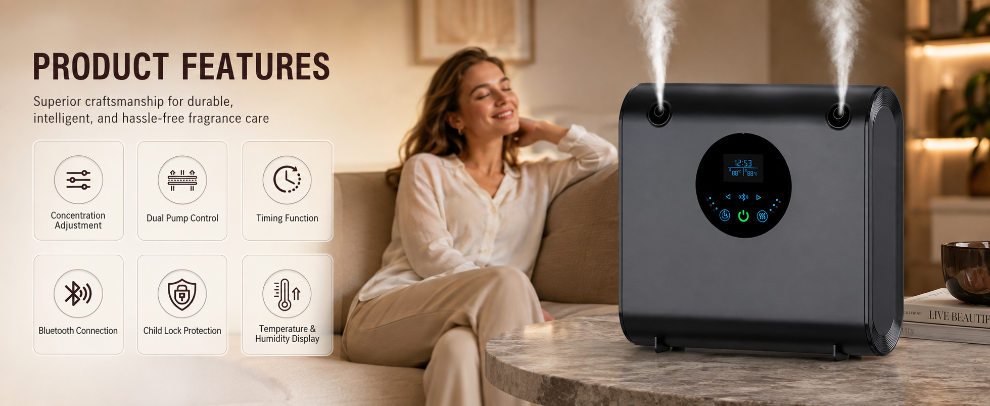 Product features including concentration, dual-pump control, timing, Bluetooth and environment display