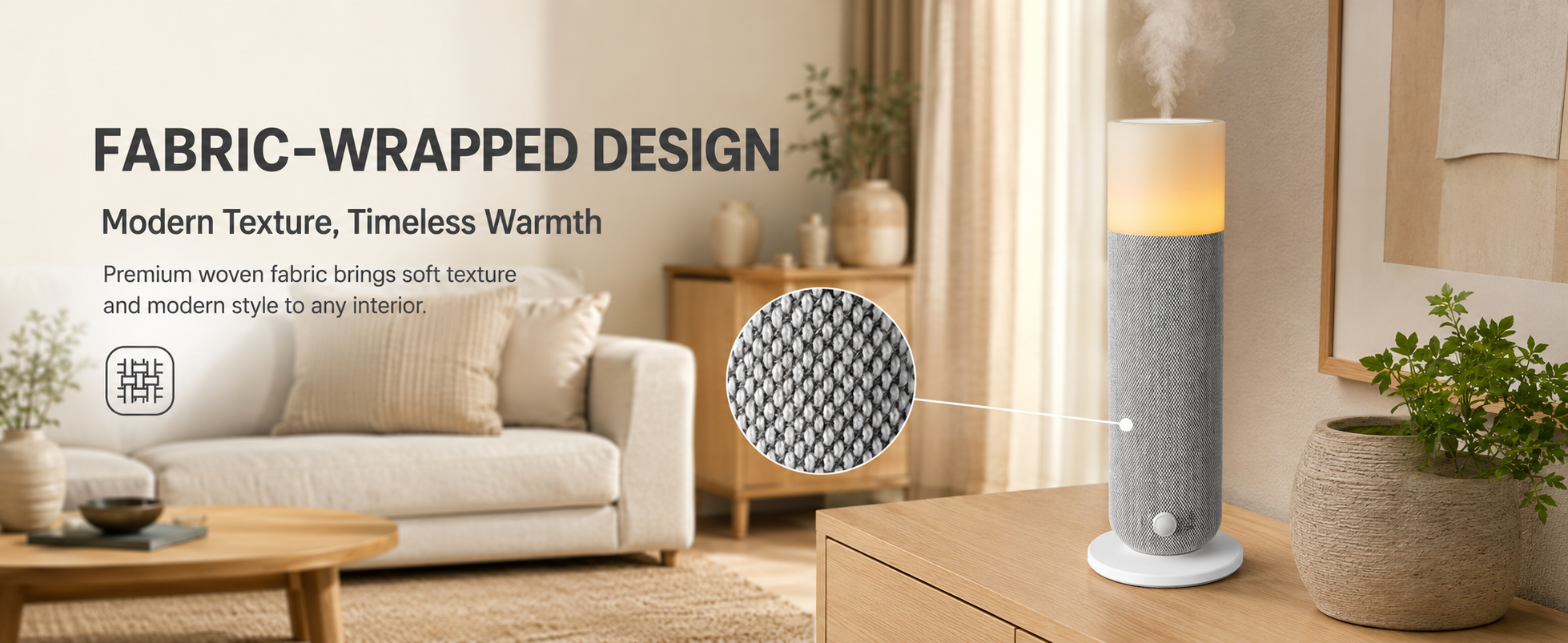 Fabric-wrapped diffuser with warm ambient light