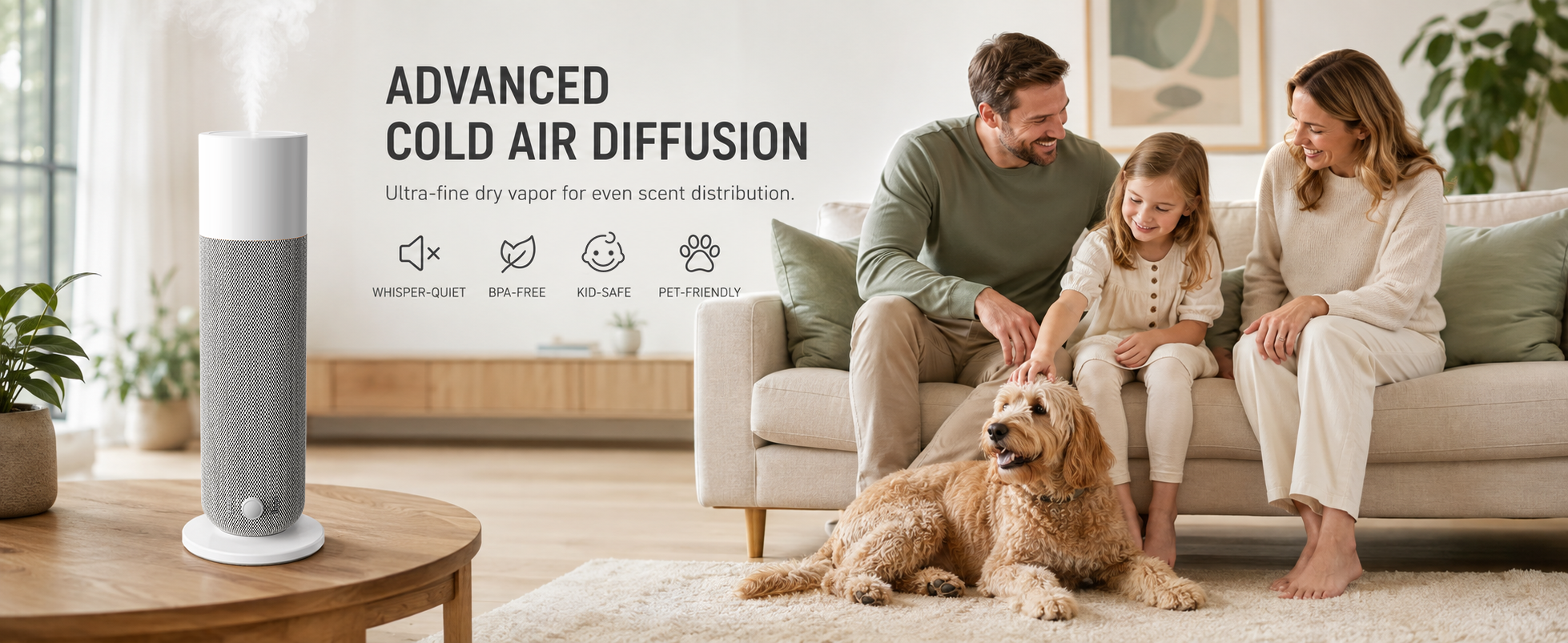 Quiet cold-air diffuser in a family living space