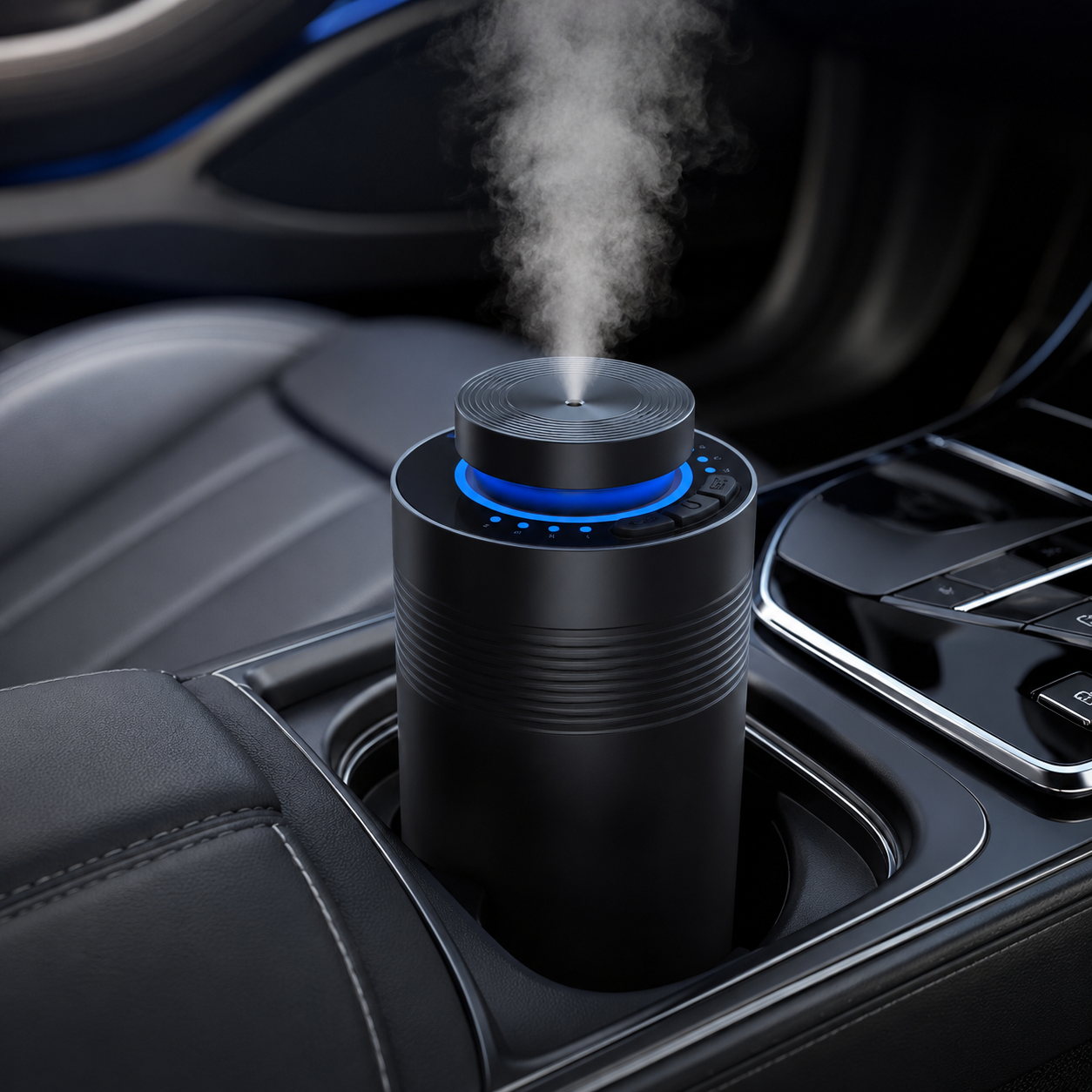 Black aroma diffuser placed in a car cup holder