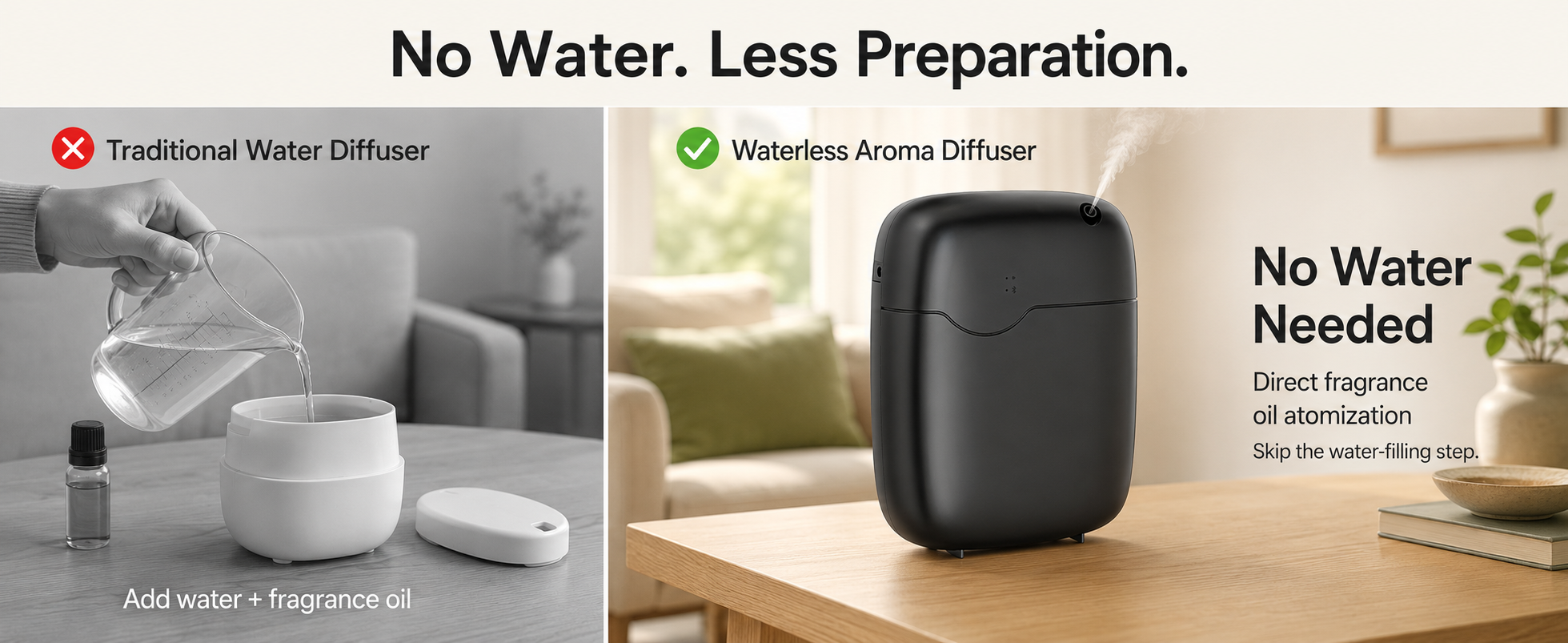 Waterless aroma diffuser compared with a traditional water diffuser
