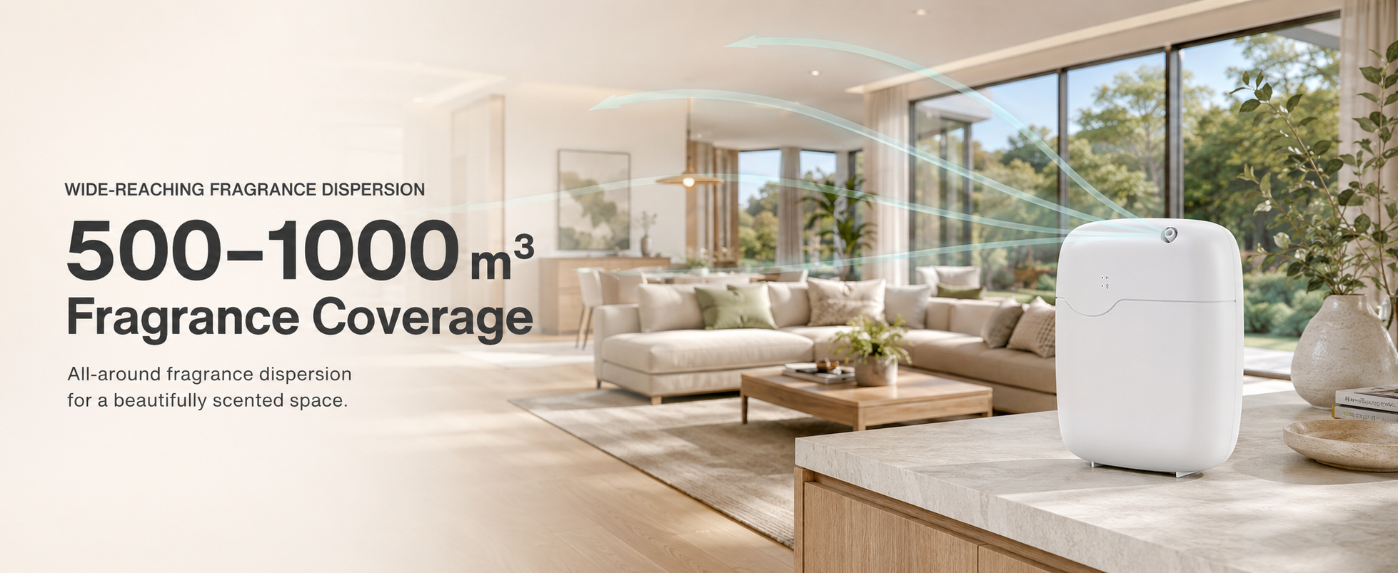 Wide-reaching 500 to 1000 cubic meter fragrance dispersion