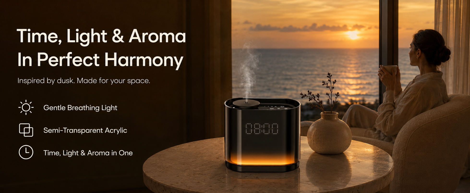Smart aroma diffuser with floating clock and ambient breathing light at dusk