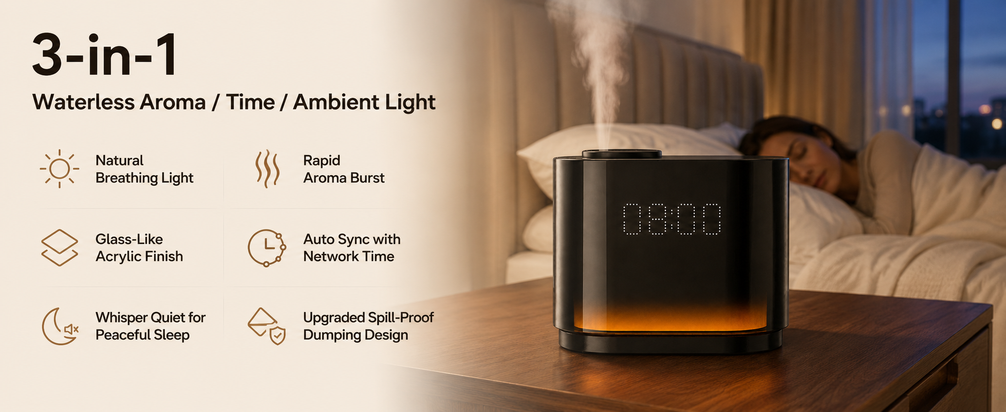 Three-in-one waterless aroma diffuser, clock and ambient night light