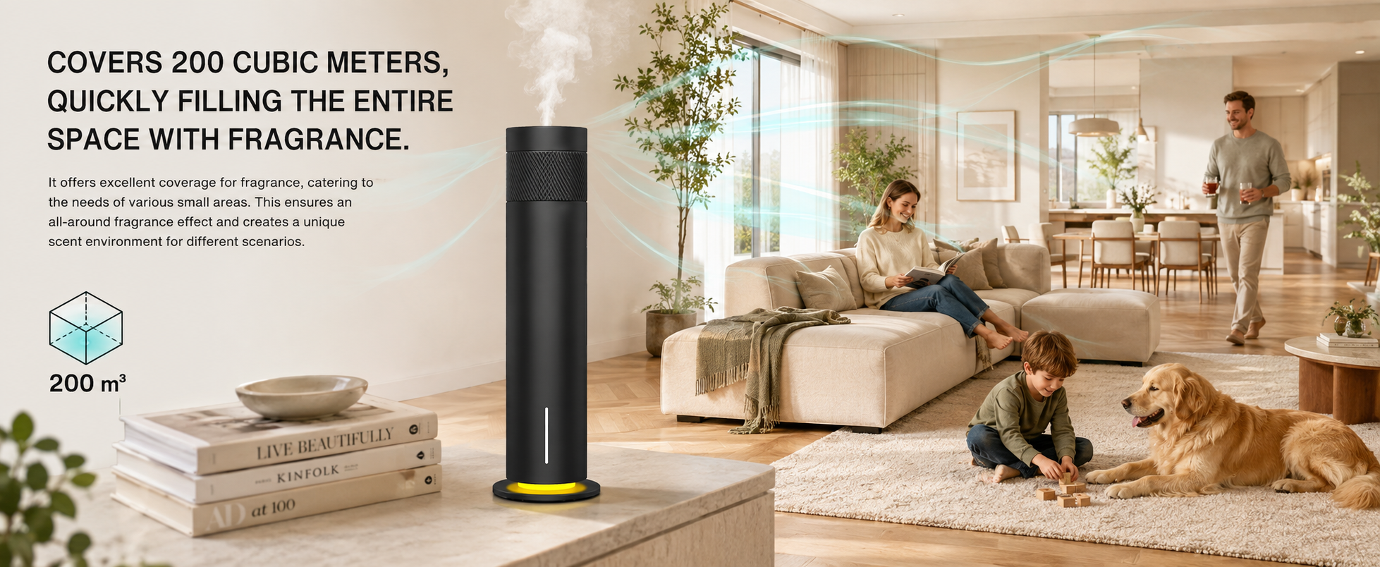 Black aroma diffuser bringing fragrance to a bright living room, with coverage up to 200 cubic meters