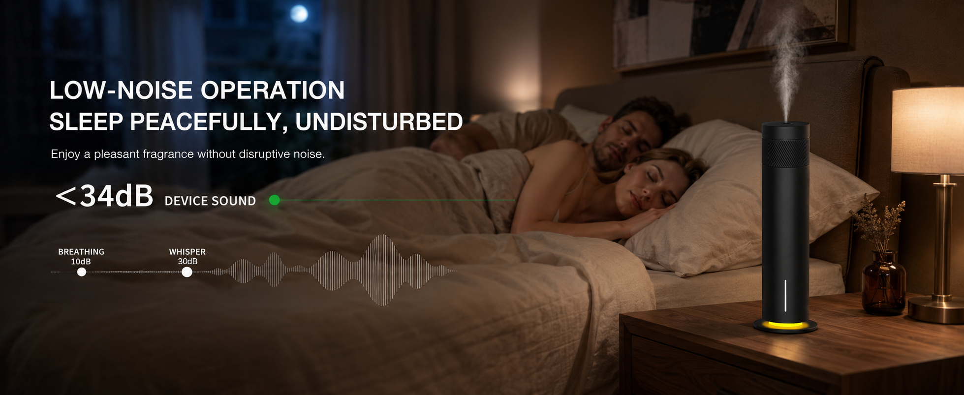 Low-noise aroma diffuser beside a bed, rated below 34 decibels