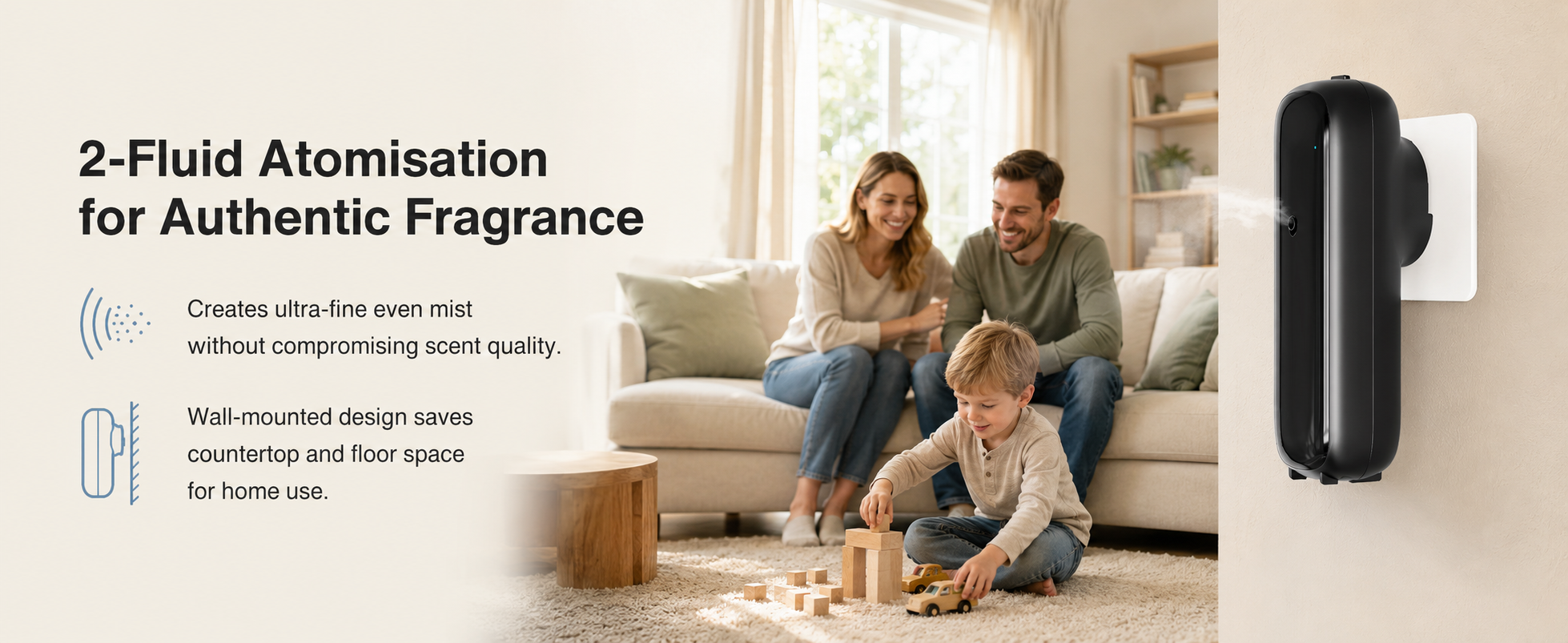 Wall-mounted diffuser using two-fluid atomization for authentic fragrance