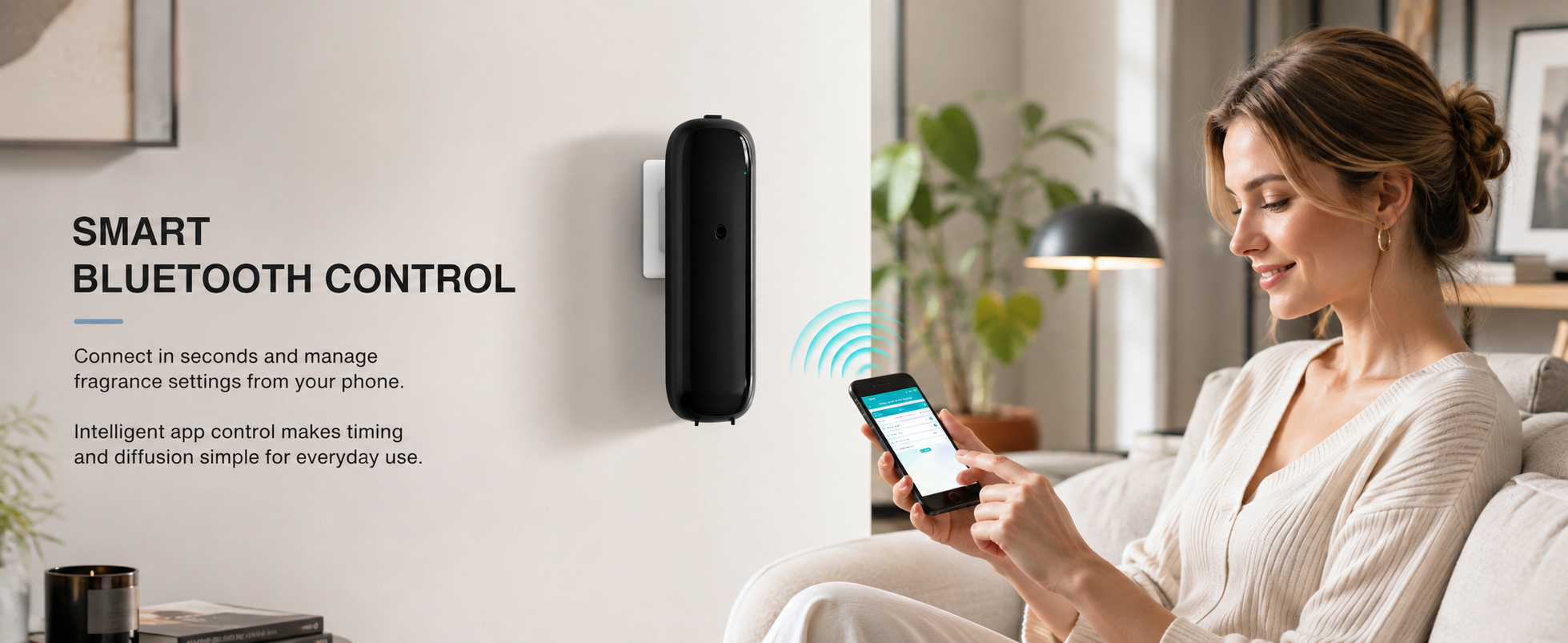 Bluetooth app control for a wall-mounted aroma diffuser