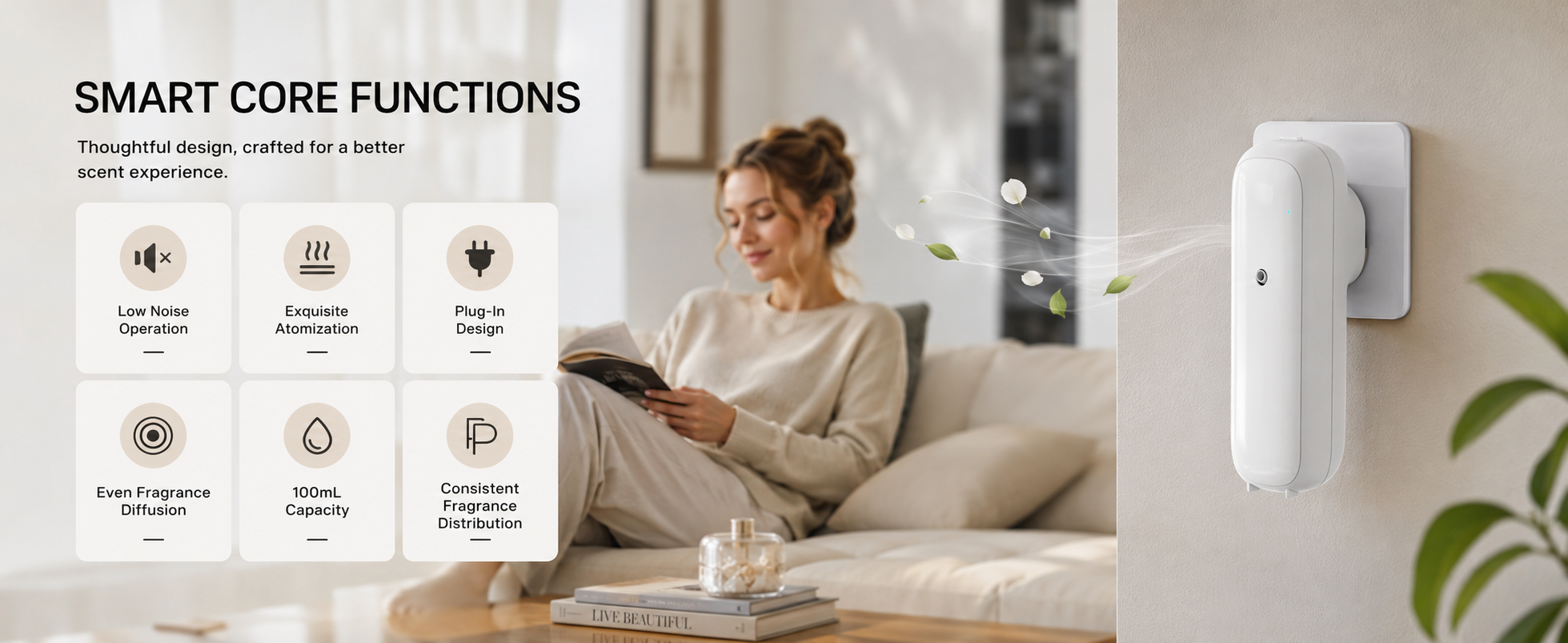 Smart core functions of the 100 milliliter wall plug aroma diffuser